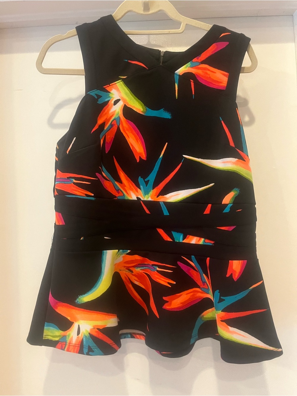 Worthington Black Sleeveless Peplum Top with Bright Floral Print